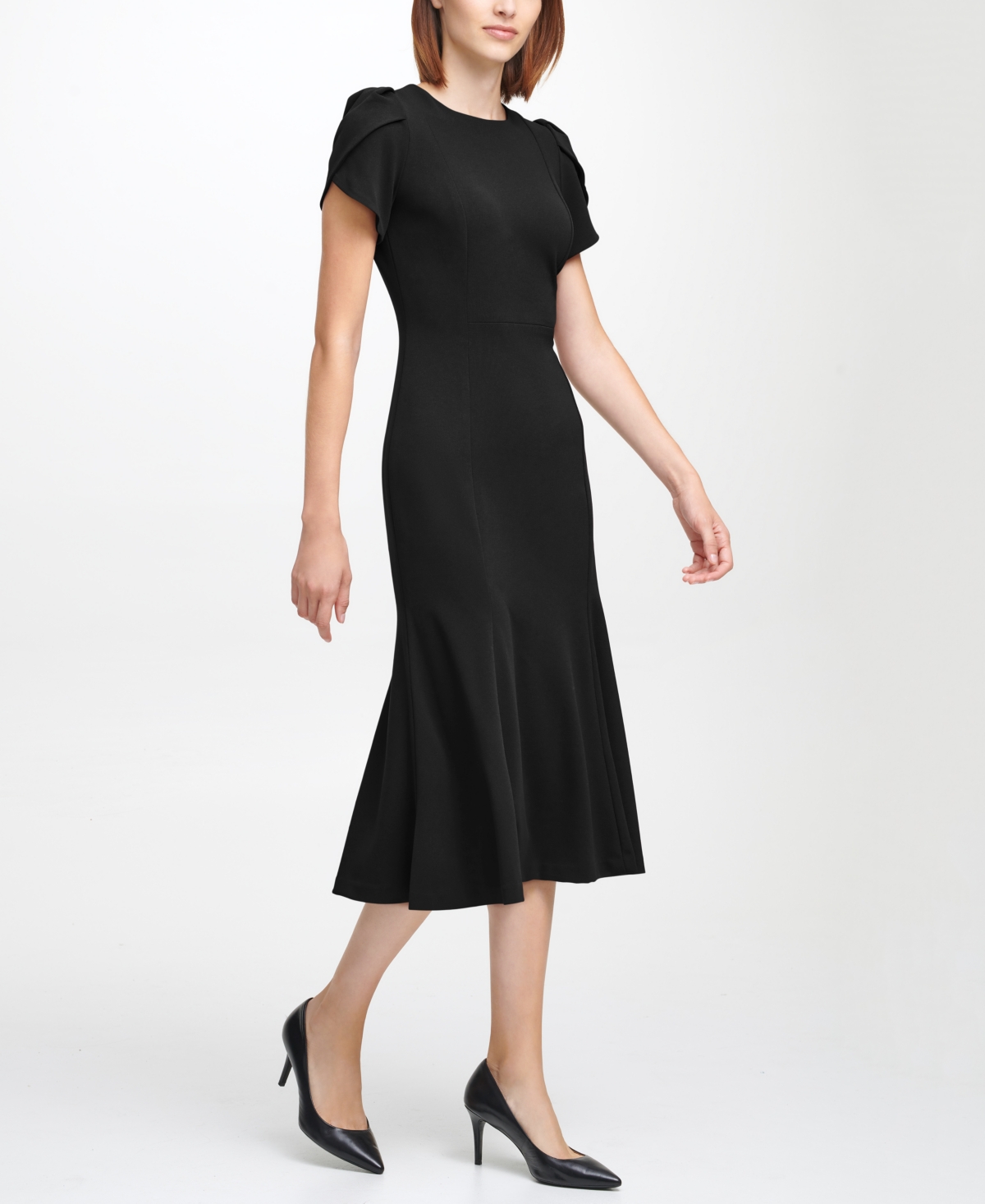 Calvin Klein Tulip Sleeve Crepe A-line Midi Dress In Black