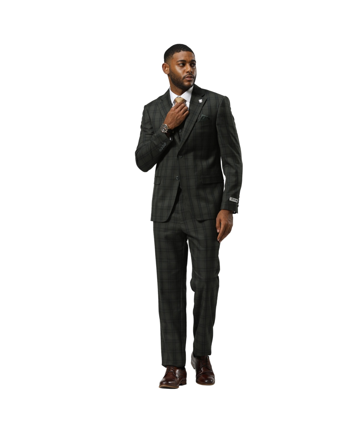 Men's Glen Plaid Hybrid-Fit 3pc Notch Lapel Suit Set, Jacket Vest and Pants - Green