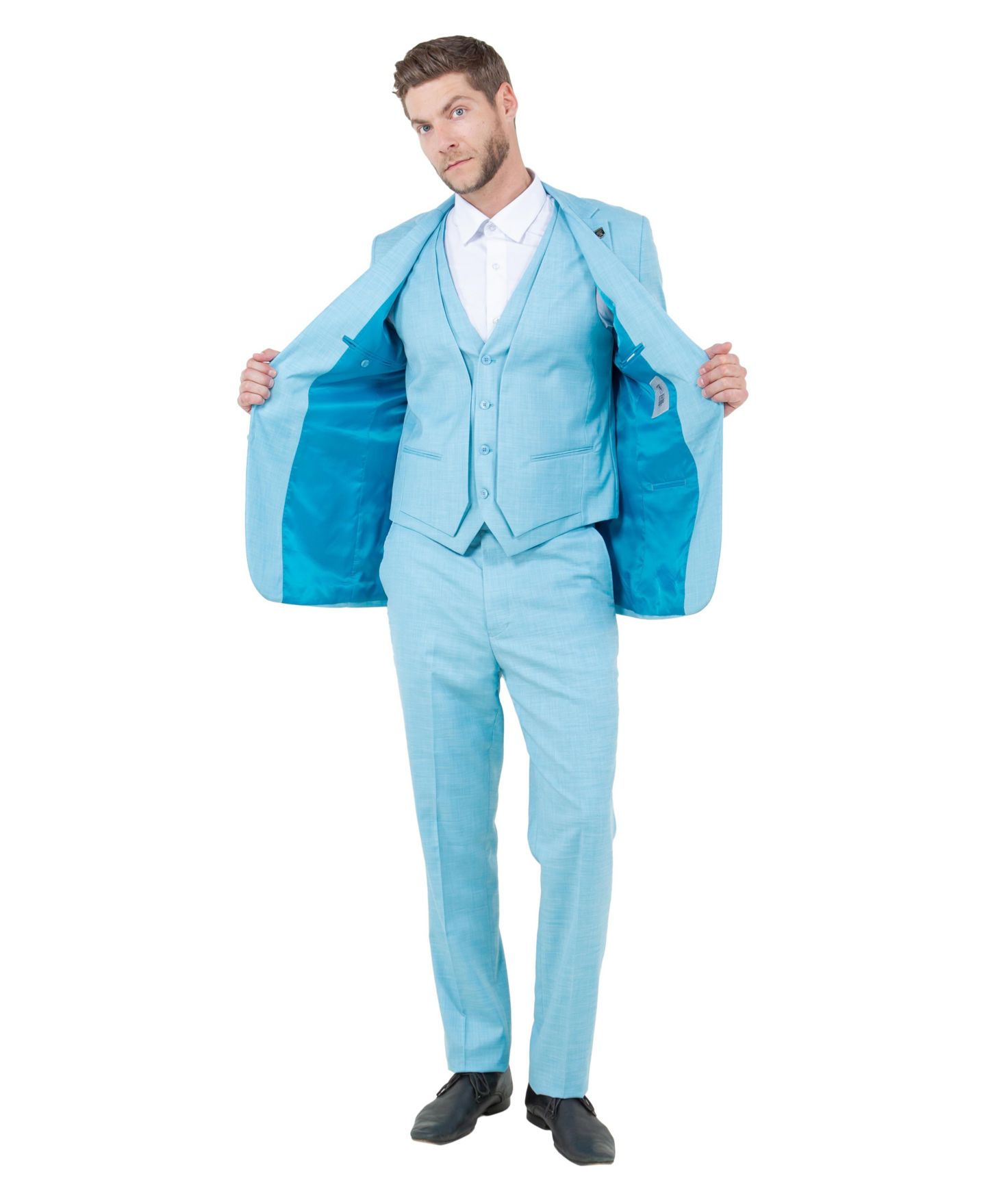 Мужской комплект Stacy Adams Solid Textured 3-Piece Jacket With Solid Vest And Pants Suit Notch Lapel, цвет: Аквамариновый — фото 2
