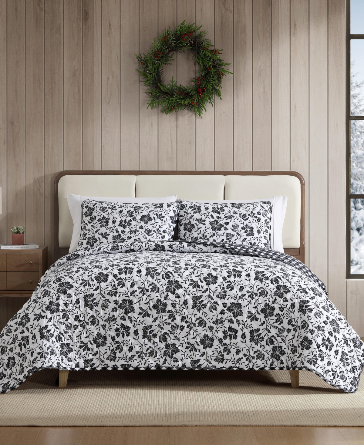 Eddie Bauer Woodblock Floral Flannel Cotton Reversible 3-Pc. Quilt Set