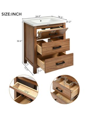 24" Freestanding Vanity with Ceramic Sink, Cabinet with 3 Drawers