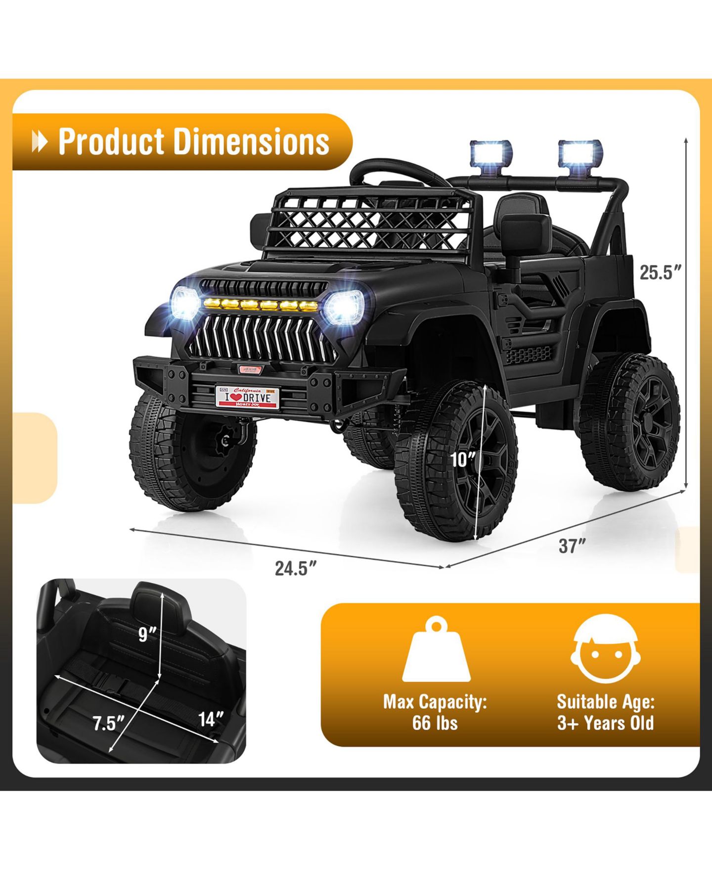 Детская игрушка Gymax 12V Battery-Powered Remote-Control Ride-On Truck, 66 lbs, Ages 3+, цвет: Чёрный — фото 2