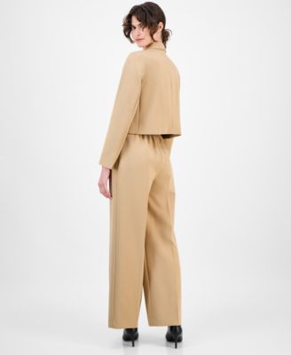 Anne Klein Womens Double Breasted Peak Lapel Ultra Fine Twill Cropped Jacket High Rise Pleated Wide Leg Ultra F In Brown