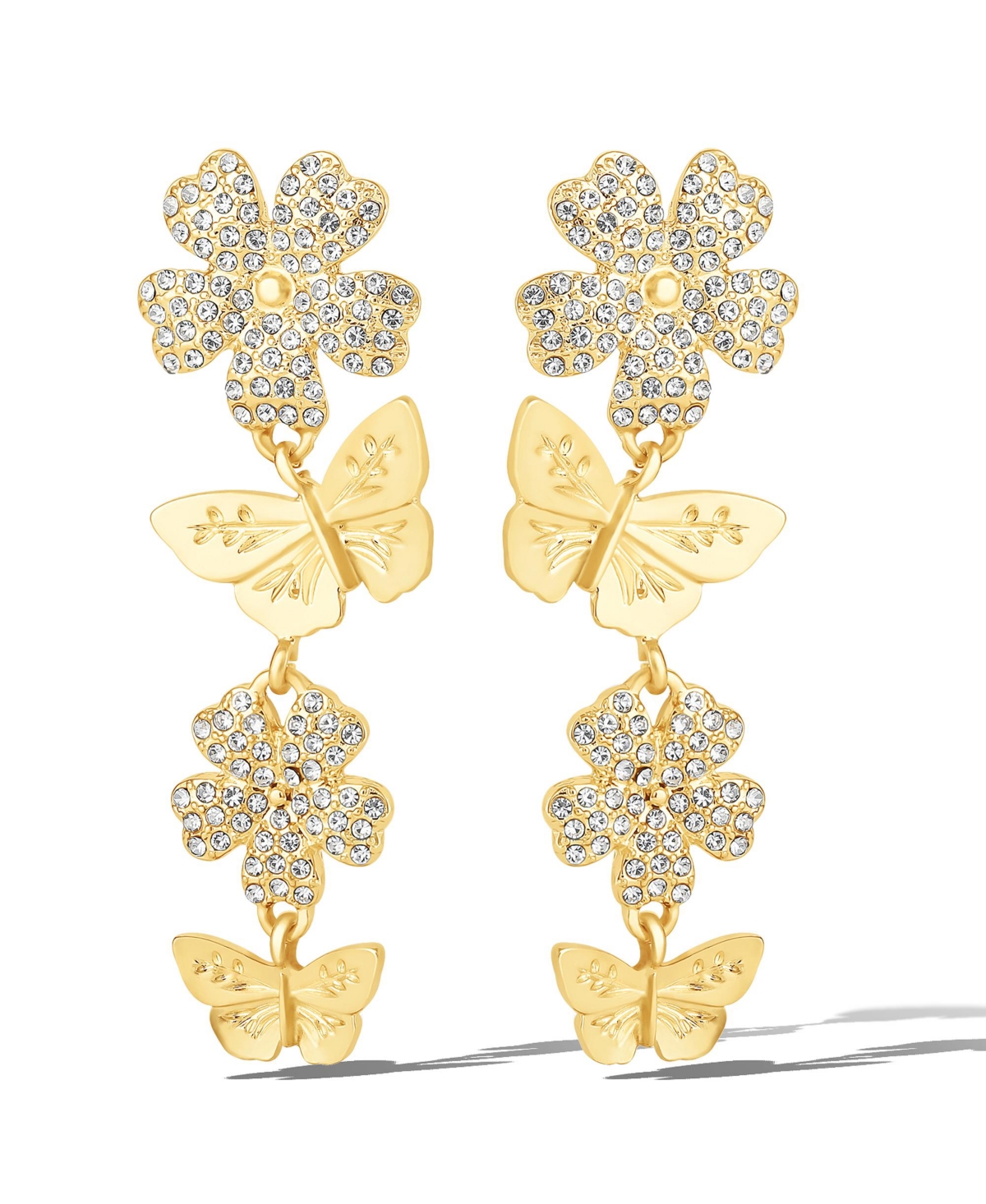 Vertical Butterfly Drop Earrings with Shiny Gold Finish - Gold