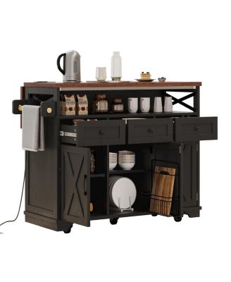 46.5" Rolling Kitchen Cart with Drop Leaf, Power Outlet, Beaded Trim, Ample Storage