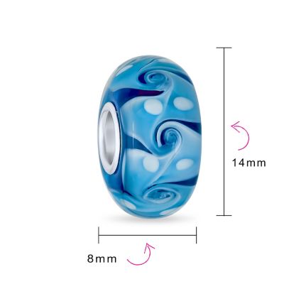 Set of 4 Murano Glass Charm Bead Blue Aqua Wave Swirl Spacer Silver Core
