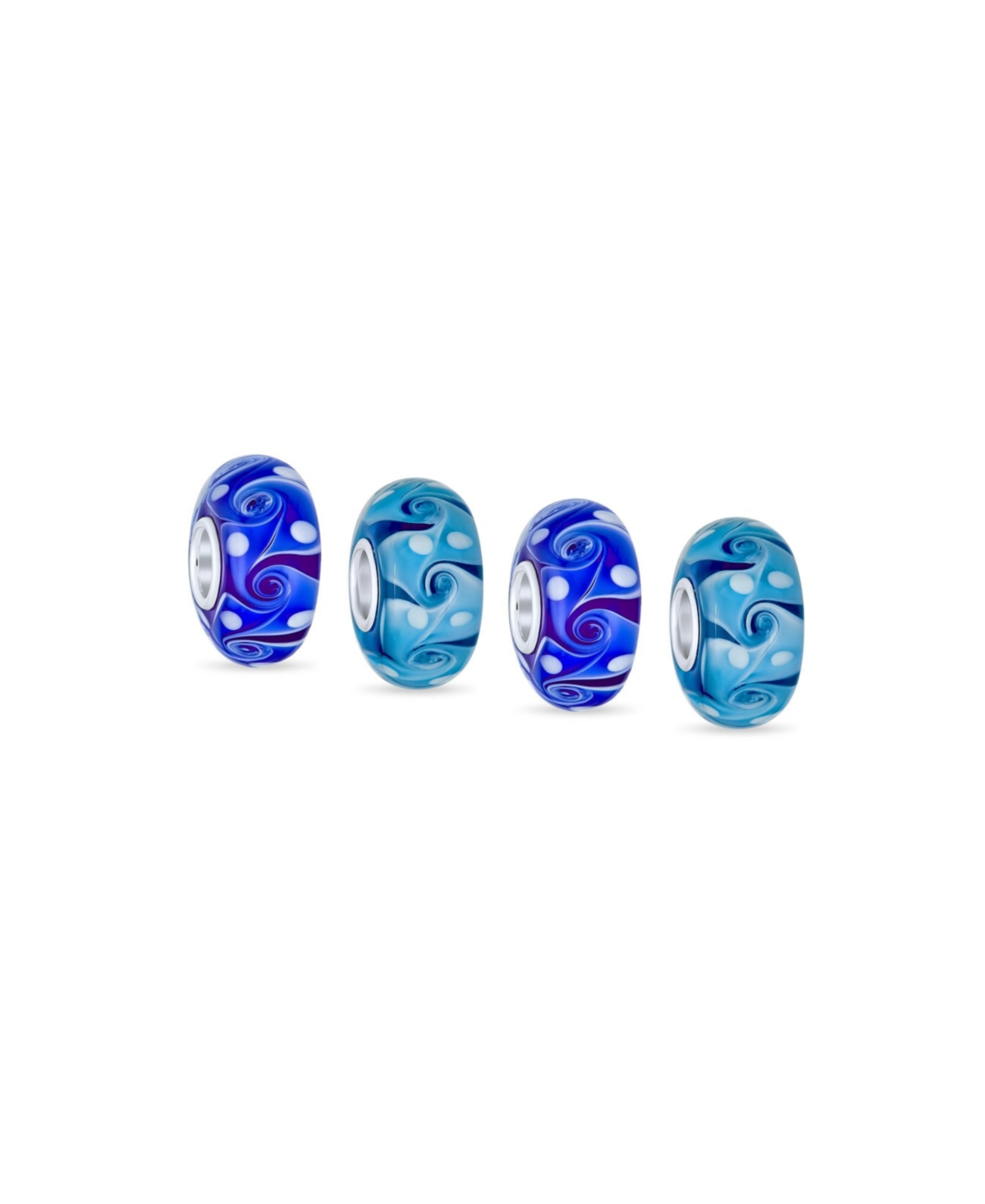 Set of 4 Murano Glass Charm Bead Blue Aqua Wave Swirl Spacer Silver Core - Blue set