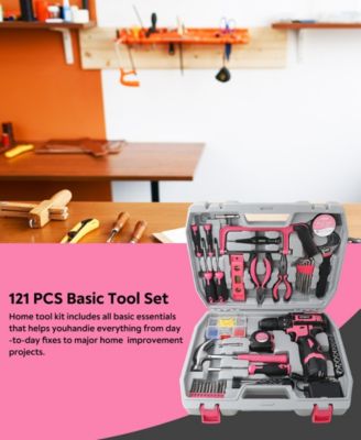 121-Piece Home Tool Set with 12V Cordless Drill – Pink and Black DIY Kit with Storage Case