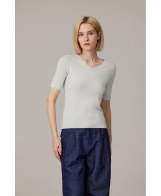 Women's Merino Wool Lurex Sweater | Shimmer Fine gauge V-Neck Short Sleeve Top | Machine Washable Pullover