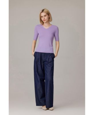 Women's Merino Wool Lurex Sweater | Shimmer Fine gauge V-Neck Short Sleeve Top | Machine Washable Pullover