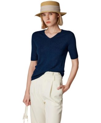 Women's Merino Wool Lurex Sweater | Shimmer Fine gauge V-Neck Short Sleeve Top | Machine Washable Pullover