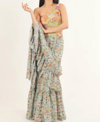 Women's One-Shoulder Floral Ruffle Saree Dress