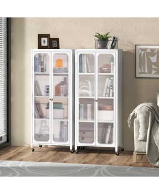 Glass Doors Storage Cabinet with Wheels and Adjustable Shelves