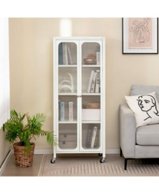 Glass Doors Storage Cabinet with Wheels and Adjustable Shelves