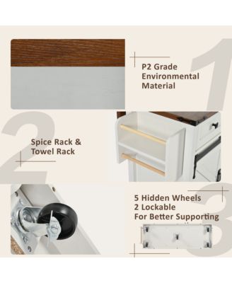 53.7" Rolling Kitchen Cart with Barn Doors, Drop Leaf, Power Outlet and Spice Rack (No Stools)