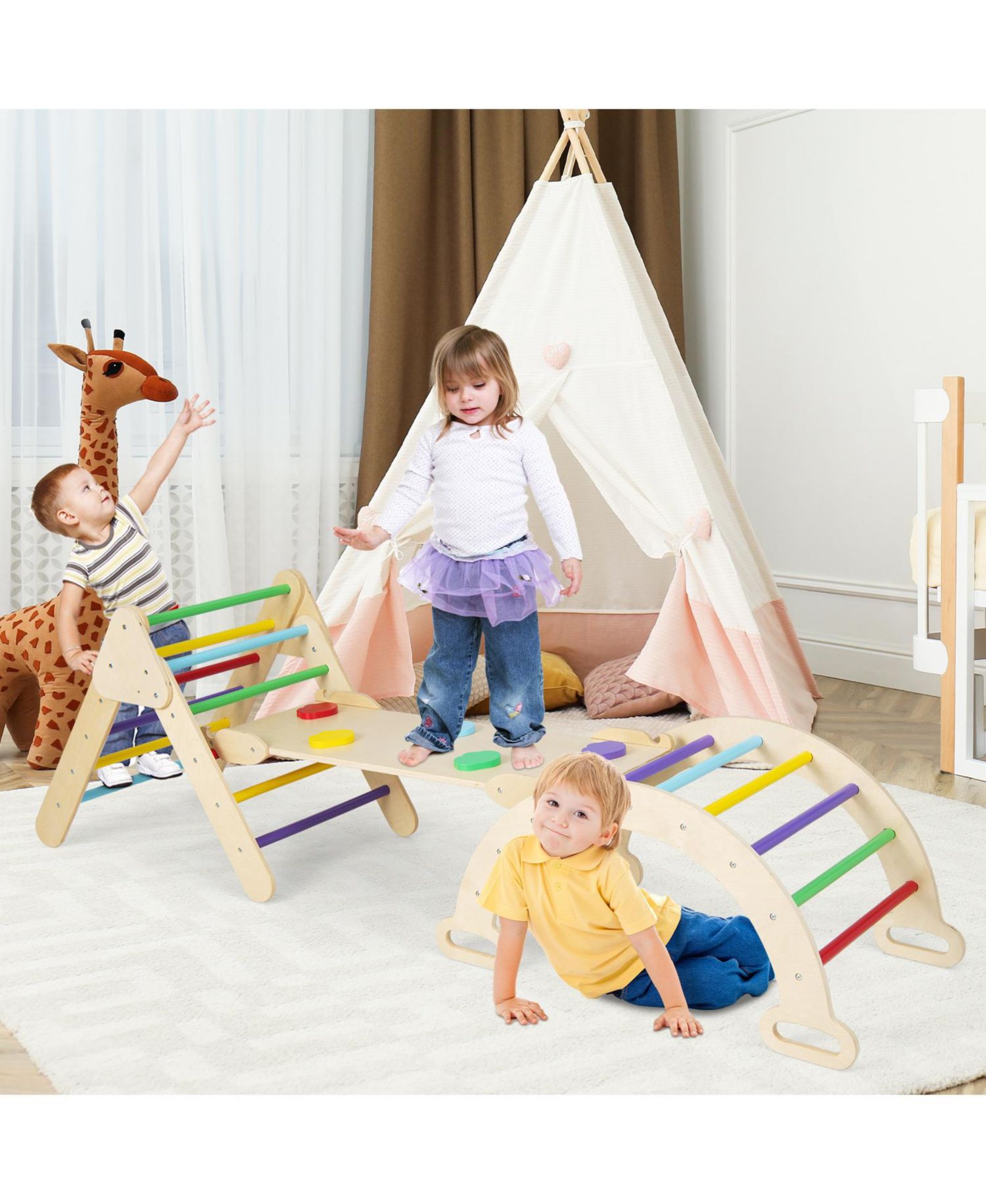 5-in-1 Montessori Reversible Wooden Triangle, Ramp, and Arch, 3-Piece Set