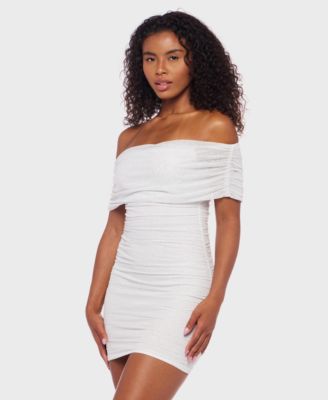 Juniors' Off-The-Shoulder Glitter Mesh Bodycon Dress