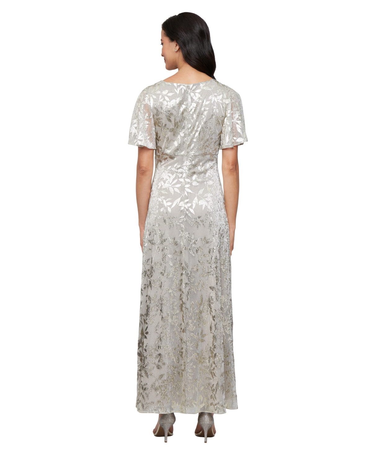 Sl Fashions Petite Short-sleeve Metallic A-line Gown In Silver