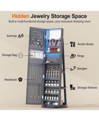 LED jewelry storage cabinet with back storage shelves and 360° rotation.