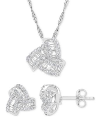 Macy's - 2-Pc. Set Cubic Zirconia Round & Baguette Love Knot Pendant Necklace & Coordinating Stud Earrings in Sterling Silver