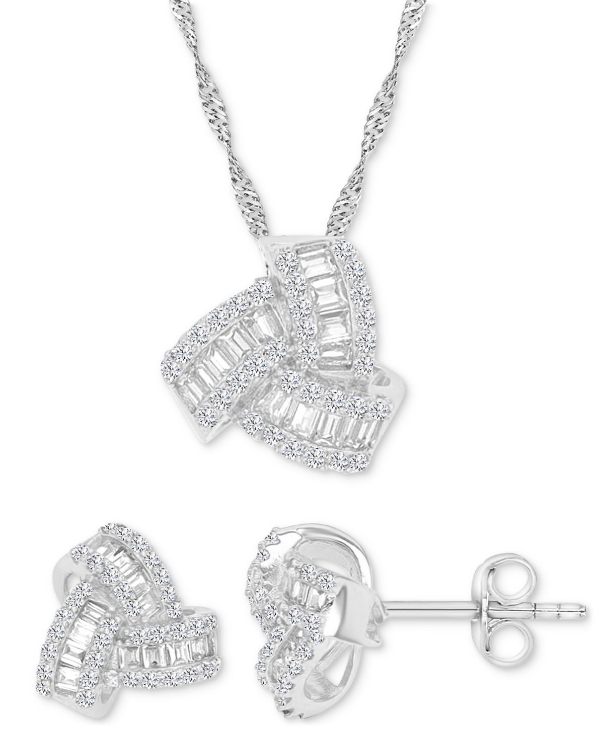 2-Pc. Set Cubic Zirconia Round & Baguette Love Knot Pendant Necklace & Coordinating Stud Earrings in Sterling Silver - Silver
