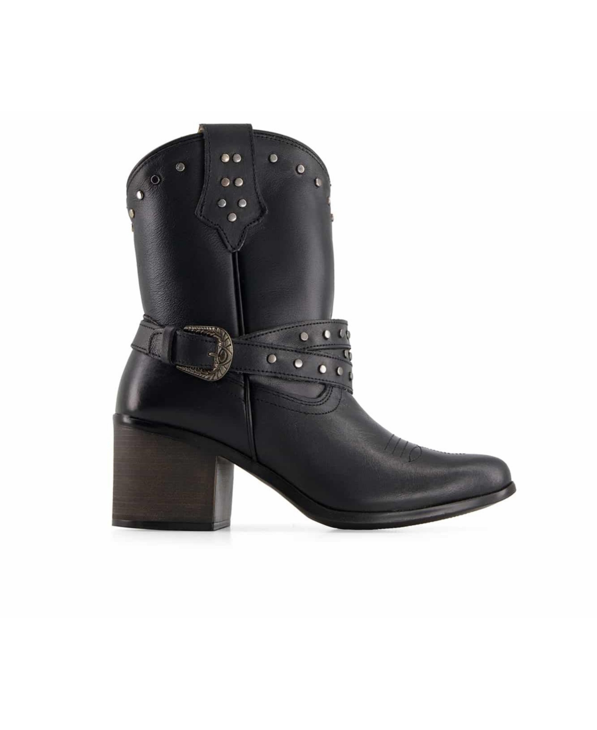 Women's Western Leather Boots with Buckle - Black