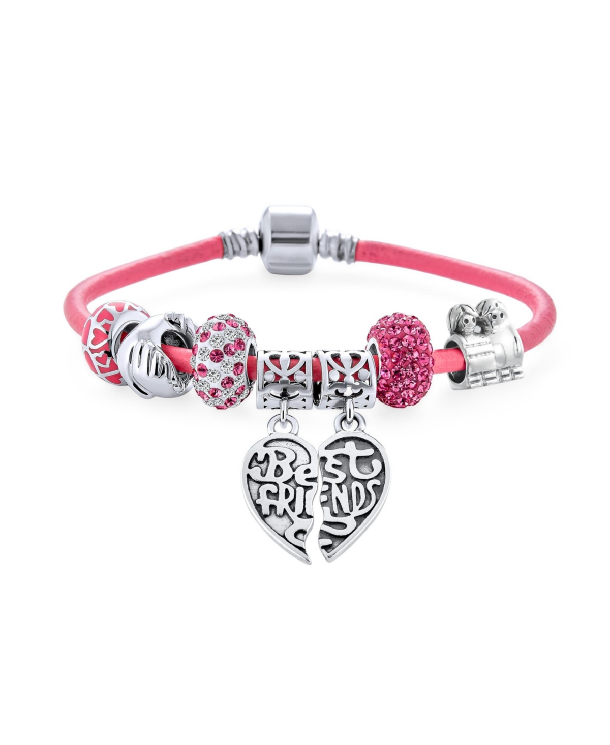2 Piece Best Friend Heart Charm Bracelet Pink Leather & Silver Clasp 6.5-8.5In - Silver pink