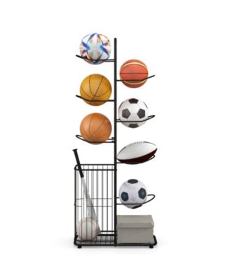 Metal Basketball Holder with 7 Removable Hanging Rods and Side Ball Basket