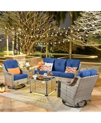 5 Piece Outdoor Rattan Patio Furniture Set with 3 Seat Sofa,Swivel Rocking Chairs,Solar Coffee Table,Wicker Sofa Set for Backyard and Porch