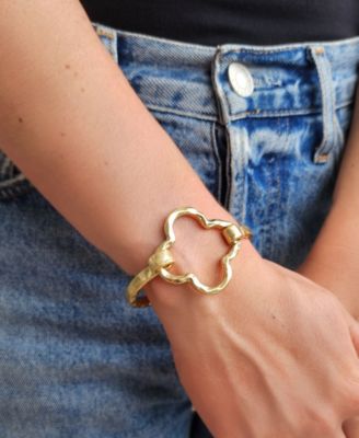 Gold Plated Hammered Clover Open Cuff Bracelet