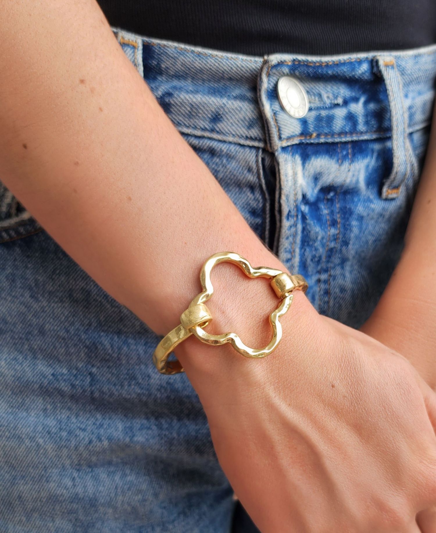 Gold Plated Hammered Clover Open Cuff Bracelet
