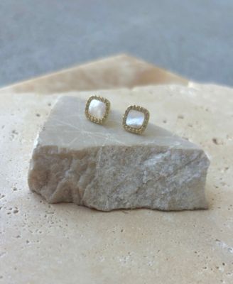 Gold Cushion-Shaped Mother of Pearl Halo Stud Earrings