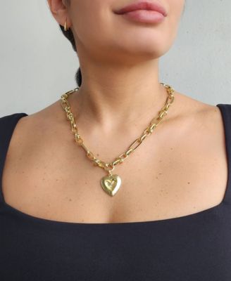 Gold Chunky Mixed Link Chain Fluted Heart Necklace