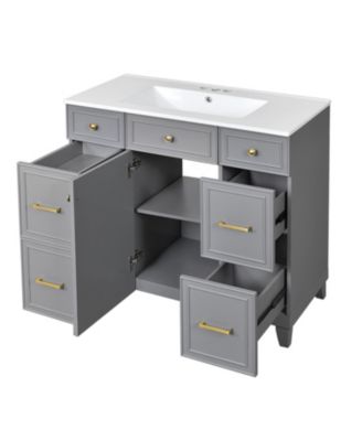 36" Solid Wood & Ceramic Hairdryer Drawer Bathroom Vanity with Soft-Close Doors