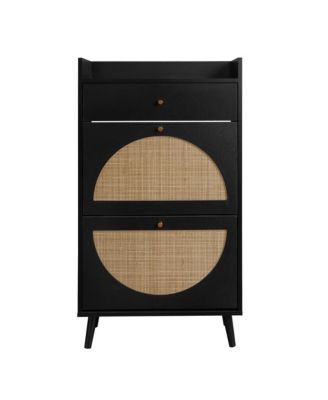 Freestanding Modern Shoe Storage Cabinet 3 Metal Rattan Door Shoe Rack Shoe Cabinet with 3 Flip Drawers for Entryway Living Room, Black