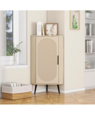 CASAINC 40"H Natural Rattan Door & Adjustable Shelves Freestanding Corner Cabinet