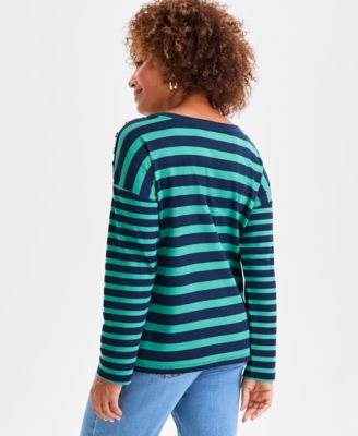 Women's Long Sleeve Button-Trim Striped Knit Top
