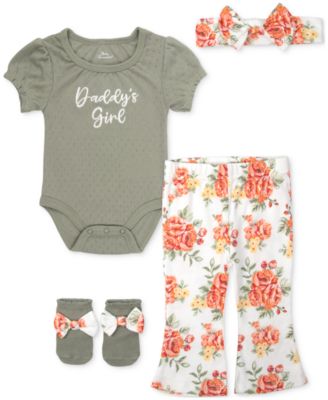 Baby Essentials - Baby Girls Daddy's Girl Bodysuit, Headband, Flare Pants & Socks, 4 Piece Set