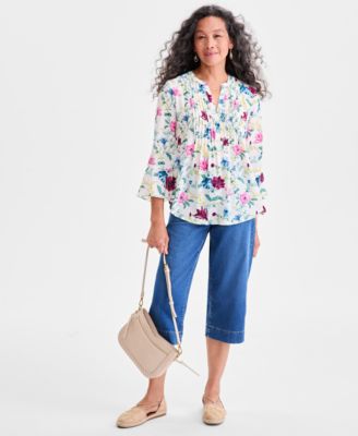 Women's Printed Pintuck Ruffle Sleeve Top, Exclusively at Macy's