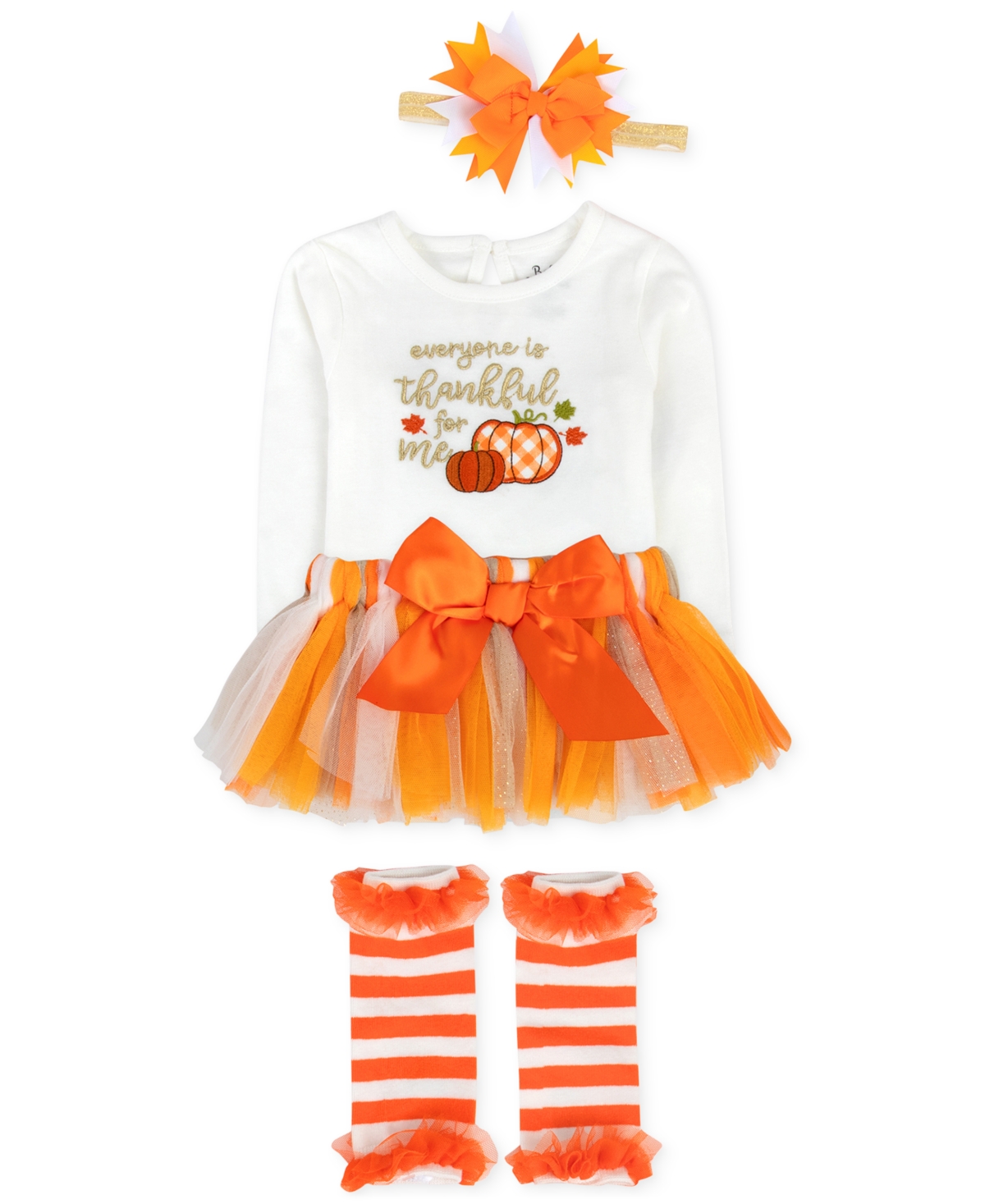 Baby Essentials Baby Girls Everyone Is Thankful For Me Bodysuit, Headband, Mesh Tutu & Legwarmers, 4 Piece Set In Multi