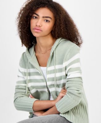 Juniors' Striped Hooded Zippered Sweater