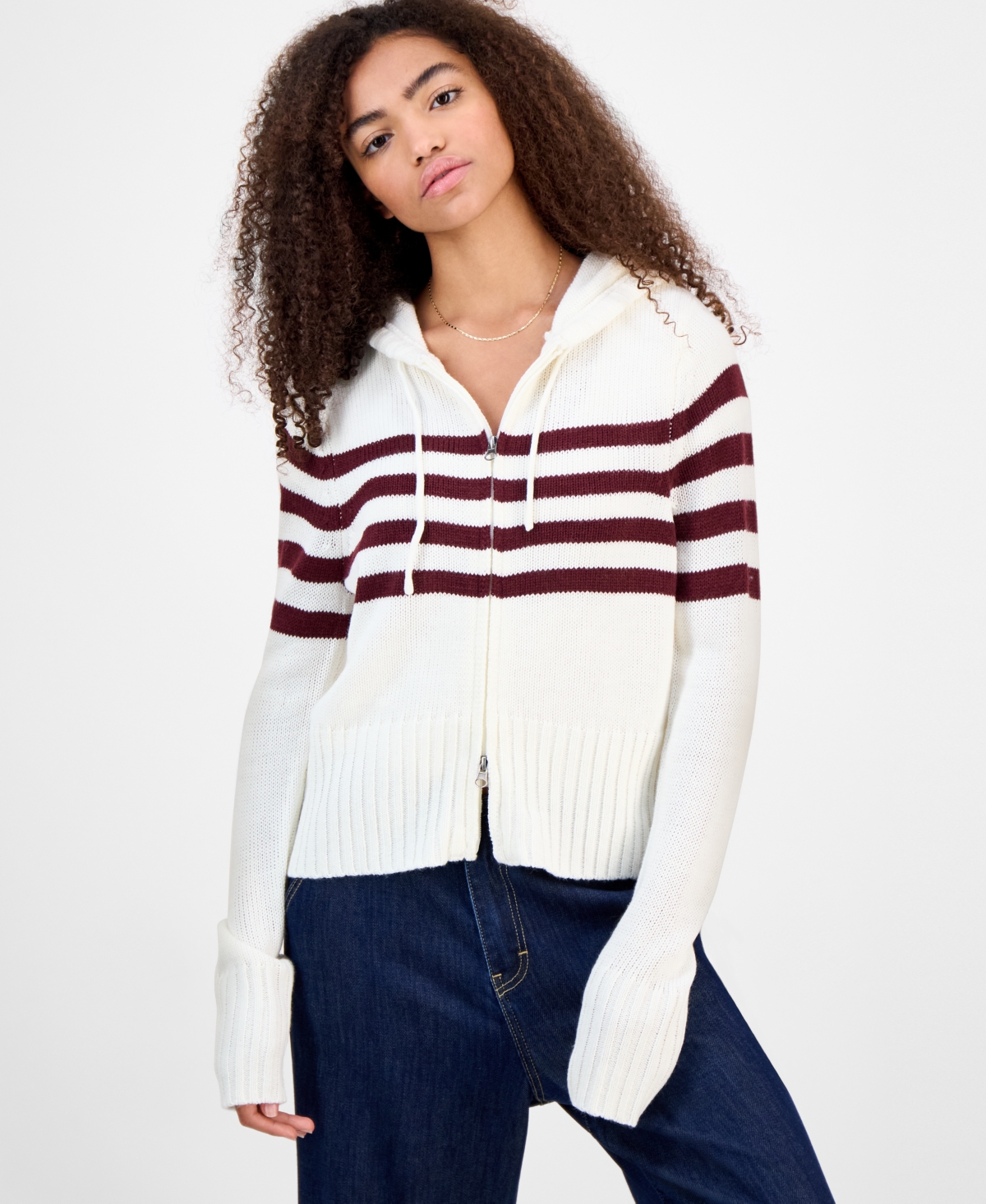 Hooked Up By Iot Juniors' Striped Hooded Zippered Sweater In White