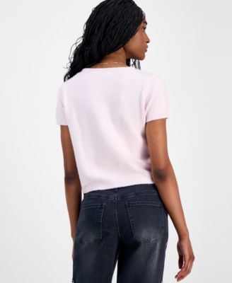 Juniors' Short-Sleeve Faux-Pearl Cardigan