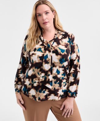 Anne Klein - Plus Size Printed Tie-Neck Long-Sleeve Blouse