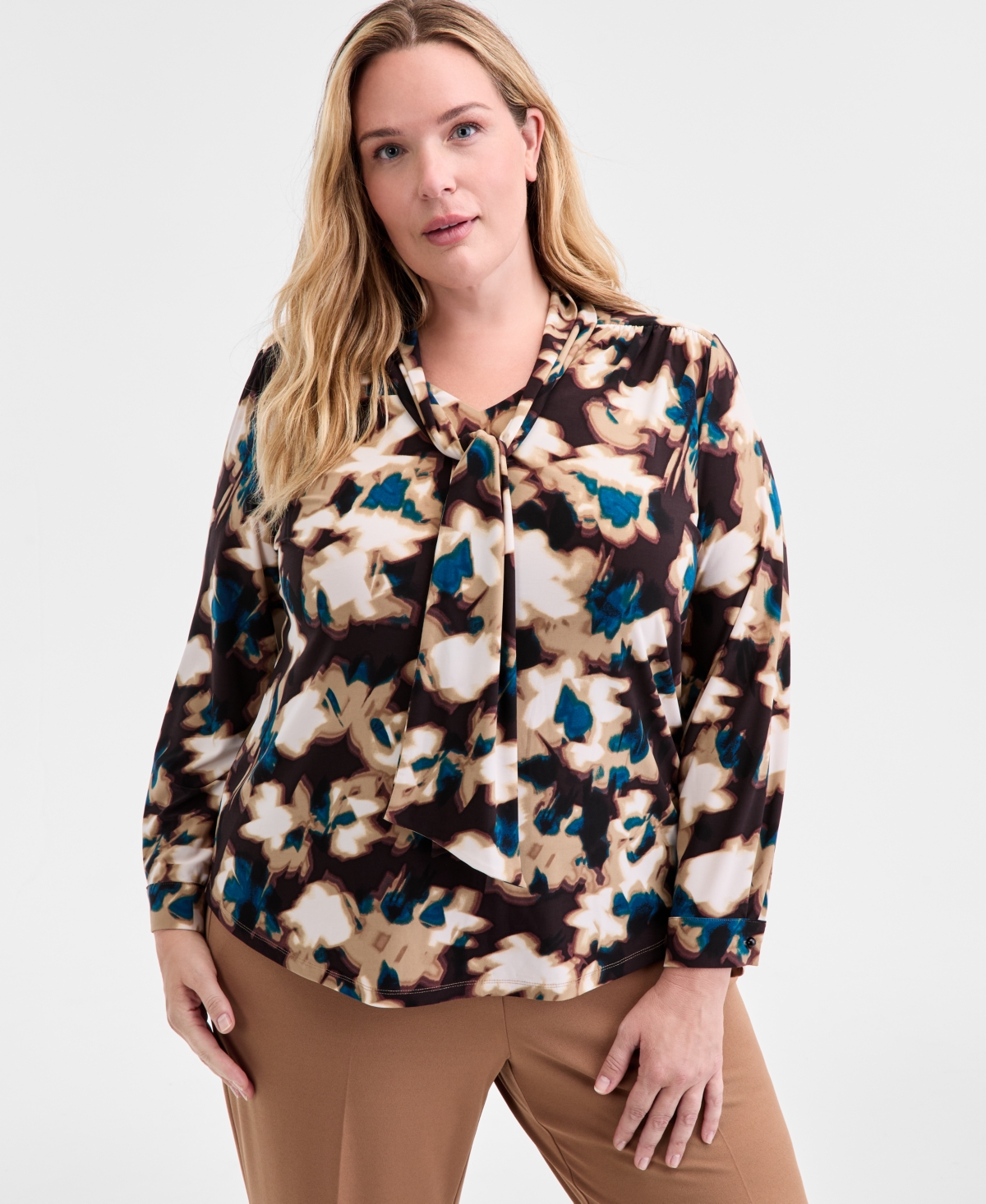 Anne Klein Plus Size Printed Tie-neck Long-sleeve Blouse In Multi