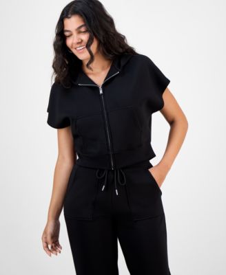 And Now This - Petite Hooded Short-Sleeve Zip-Up Top