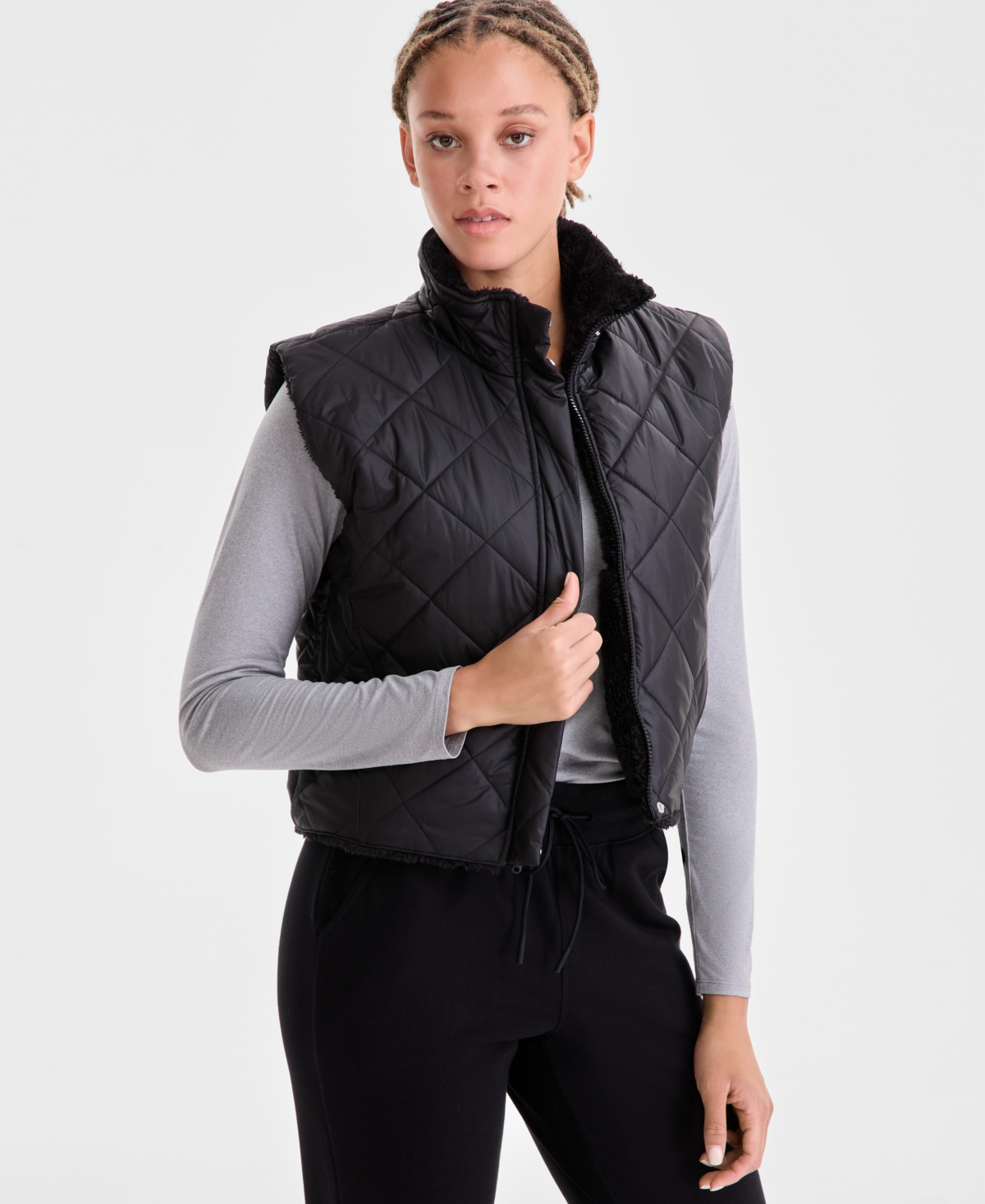 Id Ideology Women's Reversible Sherpa Zip-front Vest, Macy's Exclusive In Black