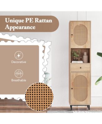 67 Inch Tall Bathroom Cabinet PE Rattan Floor Cabinet with 2 Doors