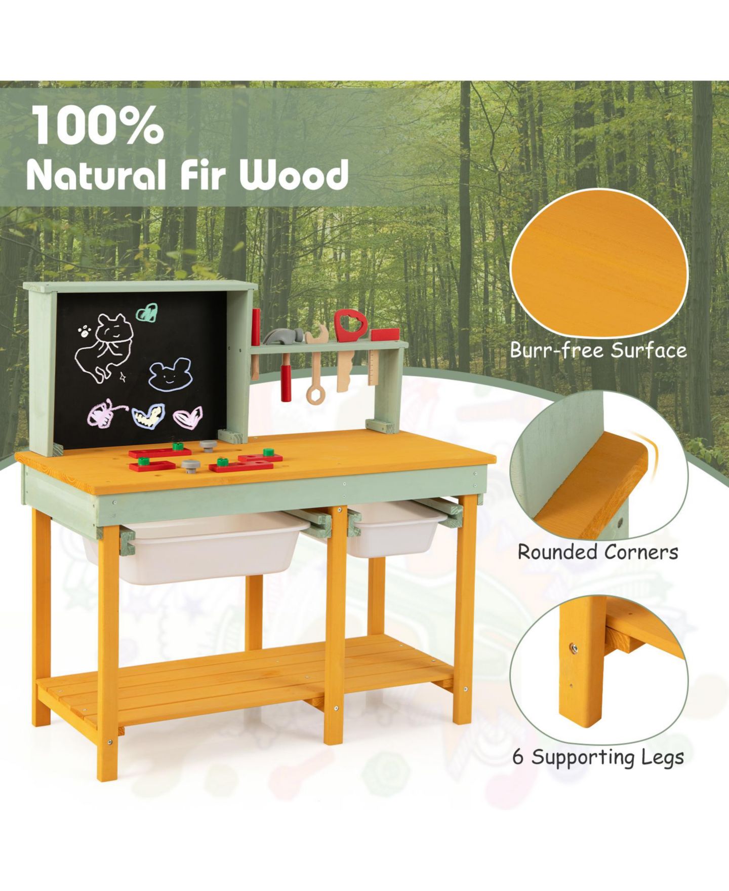 Детский конструктор Mecale Kids Wooden Toy Workbench with Storage Space and Blackboard, цвет: Жёлтый — фото 10