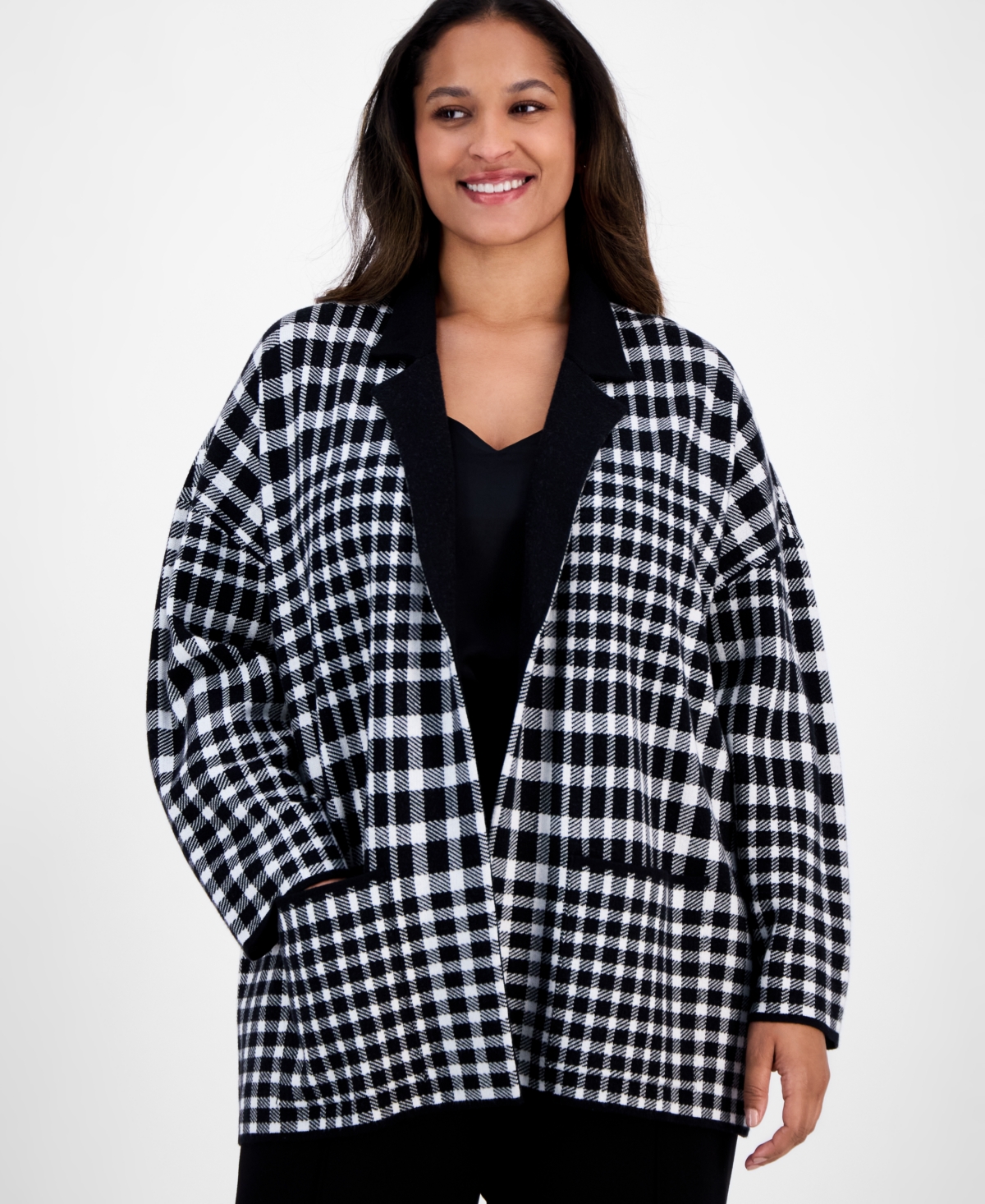 Ak Anne Klein Plus Size Multi-plaid Long-sleeve Blazer In Multi